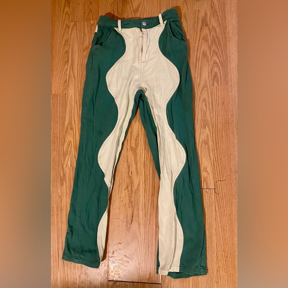 Pretty Garbage Green Cream Wavy Color Block Swirl Jeans Festival Rave Small